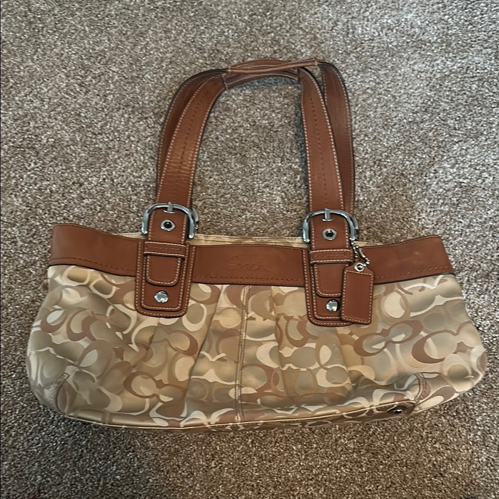 Coach Tan and Brown Monogram Shoulder Bag